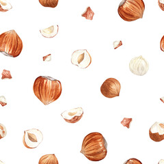 Seamless pattern of watercolor hazelnuts