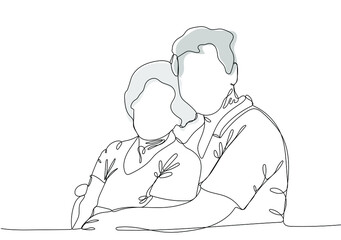 Elderly couple. Mature man and woman stand together and hug each other. One continuous line drawing. Vector illustration