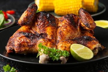 Roast Chicken Tabaka with salad, corn and lime on black plate.