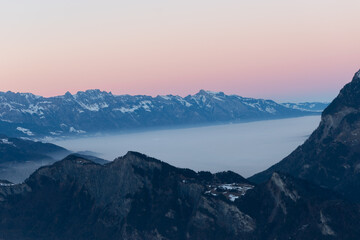 Landquart, Switzerland, December 19, 2021 View over the foggy rhine valley
