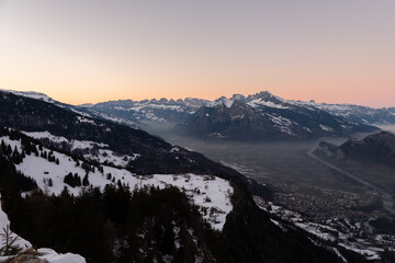 Landquart, Switzerland, December 19, 2021 Evening mood over the rhine valley