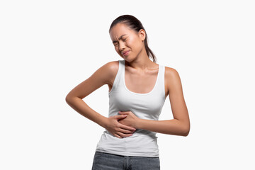 Irritated korean woman touching right side, liver disease concept