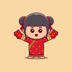 cute girl celebrate chinese new year holding red envelopes