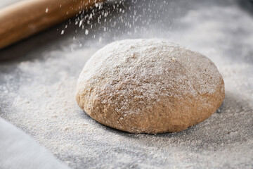 Fototapeta na wymiar Process of pouring flour into the dough. Preparing the dough for baking bread.
