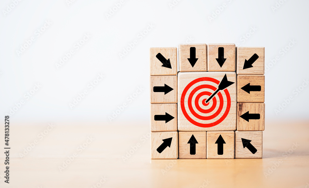 Poster red dartboard with red arrow among black arrow for focus to business objective target concept.