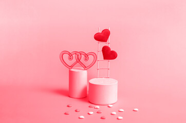 Podium with wooden stairs and hearts on a red background, monochrome. Celebrating Valentine's Day copy space.