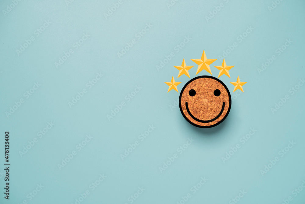 Poster smile face and yellow five stars print screen on circle wooden block for positive mindset and custom