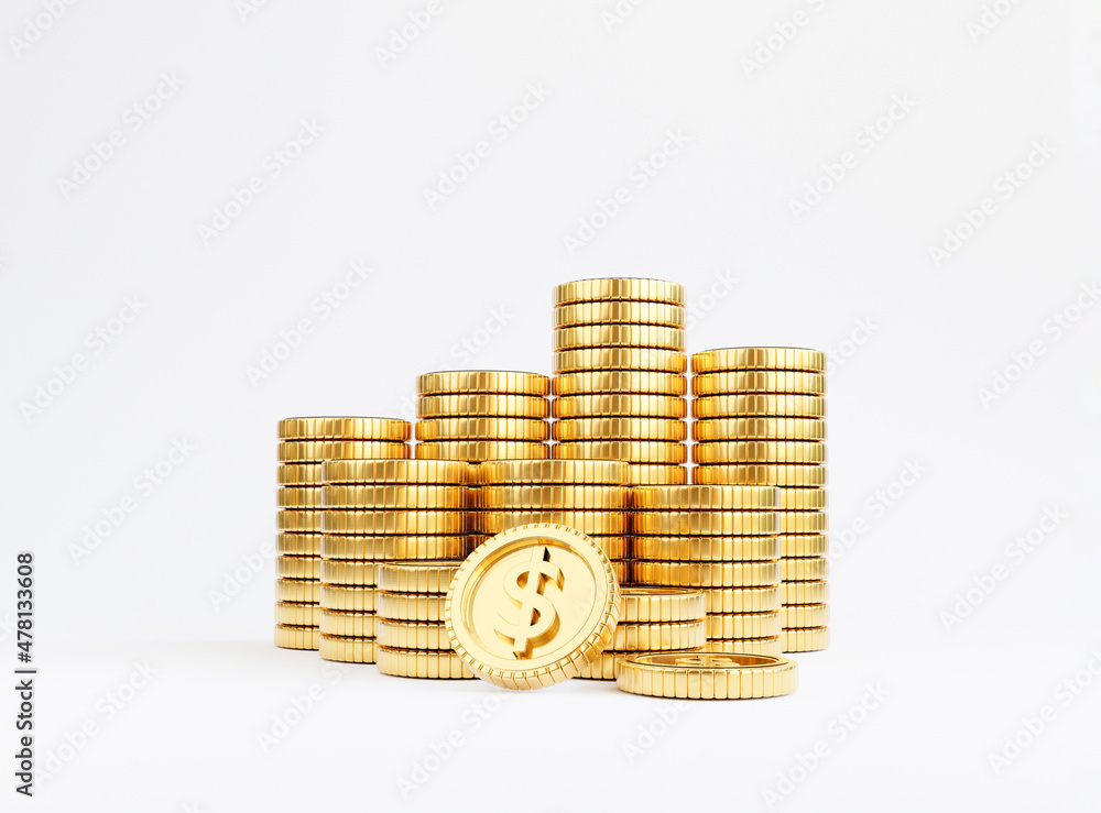 Poster isolation of us dollar golden coins stacking on white background for investment and deposit saving c