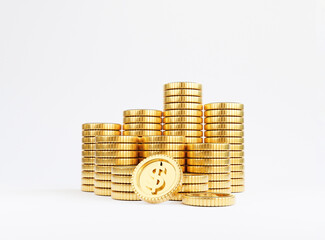 Isolation of US dollar golden coins stacking on white background for investment and deposit saving concept by 3d render.
