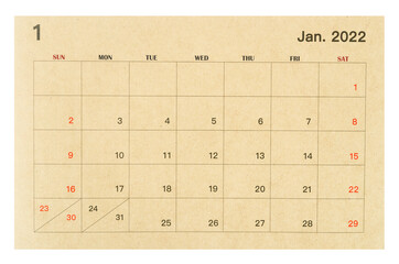January 2022 brown calendar made from recycled paper.
