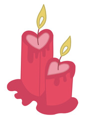Vector drawing of two burning red heart-shaped candles melted together. Romantic cartoon illustration for Valentine's Day, engagement, wedding.