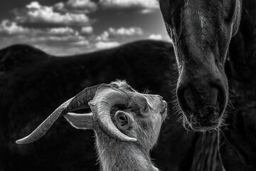 Animal friends: Close-up of a billy goat sniffing at a horse nose in black and white