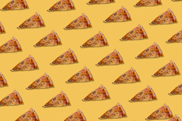 Seamless slice or piece of pizza pattern isolated on pastel yellow background.