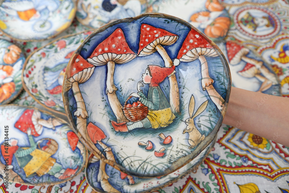 Wall mural Gzhel, russian ware. Porcelain. Table setting, traditonal national russian folk handicraft: gzhel. Gzhel plate, ware with gzhel painting by Stirada. Russian craft ware. Russian traditonal national art