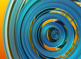 Computer generated concentric spatially ordered turquoise rings against orange background, 3d graphics. 3d fractal graphic, part of a huge fractal, calculated with Mandelbulb 3D program, JPEG Grafik