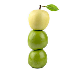 One Apple yellow on two apple green isolated on white background. Concept leader and the difference.