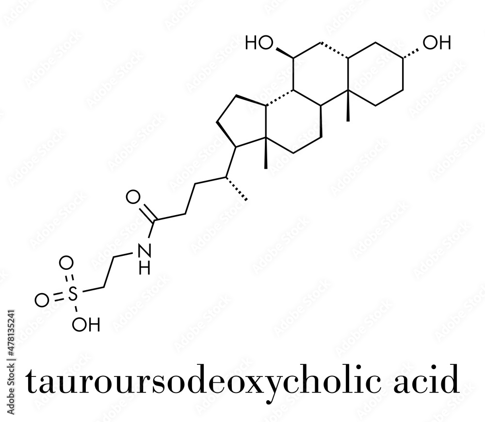 Sticker Tauroursodeoxycholic acid (TUDCA) molecule. Conjugate of taurine and ursodeoxycholic acid. Skeletal formula.