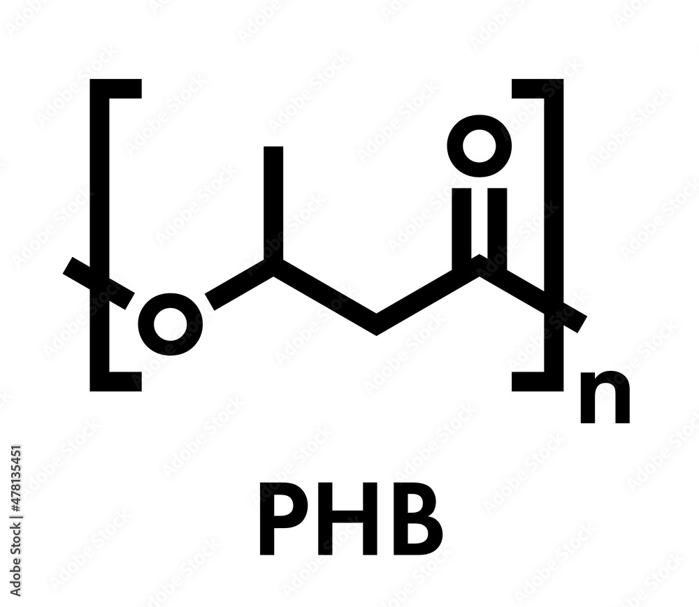 Wall mural Polyhydroxybutyrate (PHB) biodegradable plastic, chemical structure. Polymer that is both bio-derived and compostable. Skeletal formula.