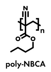 Poly(n-butyl cyanoacrylate) polymer, chemical structure. Polymerized (set) form of n-butyl cyanoacrylate medical instant glue. Used for medical and veterinary wound closure. Skeletal formula.