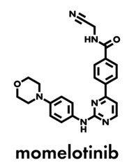 Obraz premium Momelotinib drug molecule. Skeletal formula.