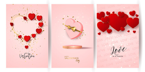 Valentine's day sale vector banner. Be my valentine banner with 3d heart, gift box, gold confetti, podium on pink background. Vector illustration. 3D realistiс design template with podium and gift
