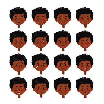 Cartoon illustration of african-american boy. Set of black kid`s emotions. Facial expression. Cartoon boy avatar. Vector illustration of cartoon child character