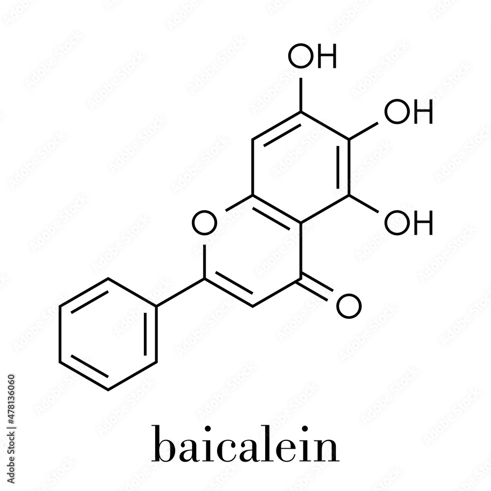 Sticker Baicalein flavonoid molecule. Skeletal formula.