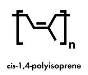 Natural rubber (cis-1,4-polyisoprene), chemical structure. Used to manufacture surgeons' gloves, condoms, boots, car tires, etc. Skeletal formula.