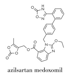 Azilsartan medoxomil hypertension drug molecule. Skeletal formula.