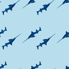 Saw shark seamless pattern in scandinavian style. Marine animals background. Vector illustration for children funny textile.