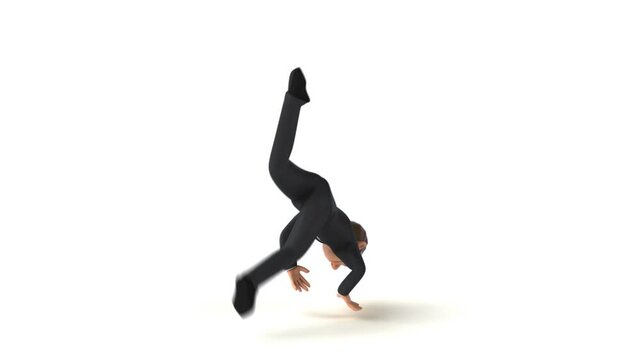 Fun 3D cartoon business man doing breakdance