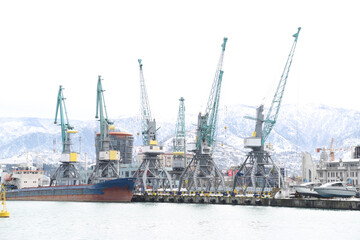 Fototapeta na wymiar Buque y gruas descargando contenedores en el puerto