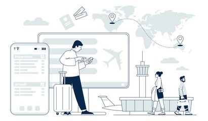 Flight booking. Travel service, technology and mobile app. Planning holidays or business trip, airplane and tourists characters. Online ticket recent vector concept © LadadikArt