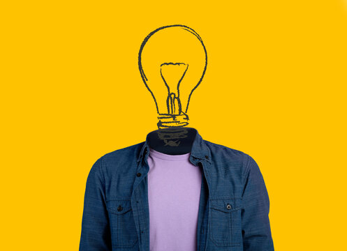Collage with unrecognizable man wigth drawing of light bulb in place of head on orange background. Creativity concept