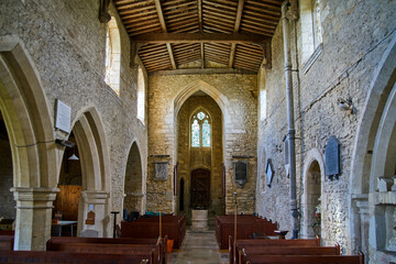 Interior of old church with wooden roof