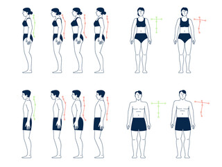 Correct incorrect postures. Good bad posture, wrong body positions. Right corrections person backs. Man woman spine alignment recent vector infographics
