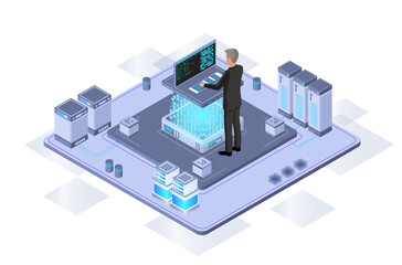 Data center or server room processing data operation with security protection and maintenance with isometric design style - vector	