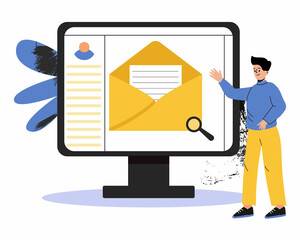 A man is standing near the computer. Computer monitor, open email. The man received a letter in the mail. Business Illustration. Vector illustration