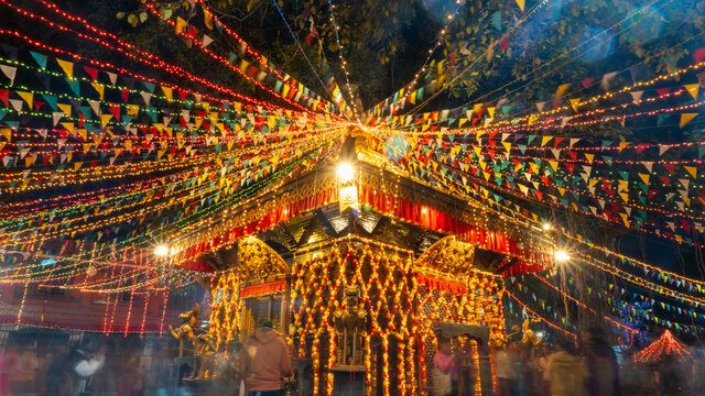 Pagoda style Maitidevi Temple, located in Kathmandu, Nepal , on the ocassion of Tihar, long exposure shots, night photography