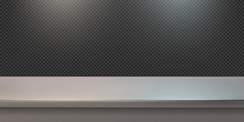 Silver steel countertop, empty shelf. Vector realistic mockup of table top, kitchen counter on transparent background with spot light. Bar desk surface in foreground