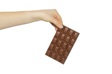 chocolate bar in hand on white background, pass or throw away chocolate, diet and healthy food concept