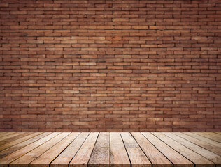Old wood table with abstract old brick wall with light background for product display