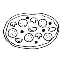 Pizza with sausage vector illustration, hand drawing doodle