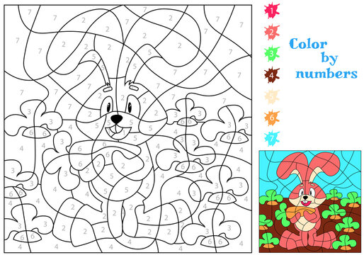 Rabbit with a carrot in his hands. We paint by numbers. Coloring book. An educational puzzle game for children.