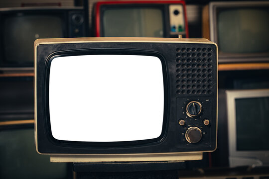 Close up of old retro tv with blank screen on vintage tv background.