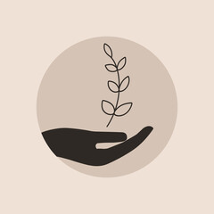 Sprout in hand. Seedlings grow in the hands of trees. Environment Earth Day vector art. Concept of growing and love earth. Vector illustration.