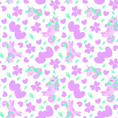 Seamless pattern pink unicorn . Cheerful eats ice cream, jumps, smiles. On a white background, for children and use in paper, textile, plastic production.