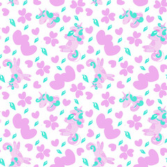 Seamless pattern pink unicorn . Cheerful eats ice cream, jumps, smiles. On a white background, for children and use in paper, textile, plastic production.