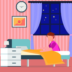 
continuous line drawing of a girl make the bed after getting up in the morning. Vector colorful illustration. Before and After sleep activity