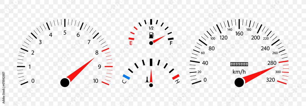Poster car speedometer. auto dashboard with gauge of speed, tachometer, odometer. icons isolated on transpa